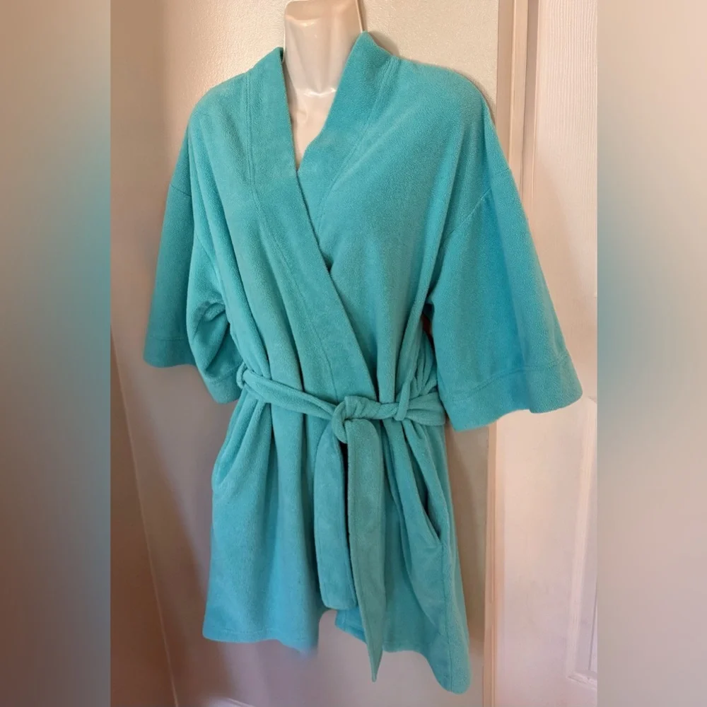 Vintage Y2K Cozy Fleece M Bathrobe Belt Pockets Lounge Women’s 8 10 Blue Pockets